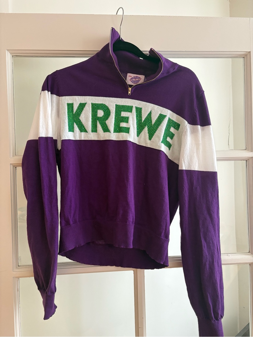 KREWE Purple and White Colorblock Cowl Half-Zip Sweatshirt with Green Logo
